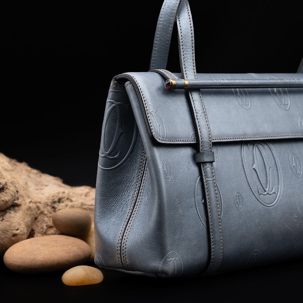 Cartier Happy Birthday Cabochon Top-Handle Handbag in Blue-Grey Leather from 2008