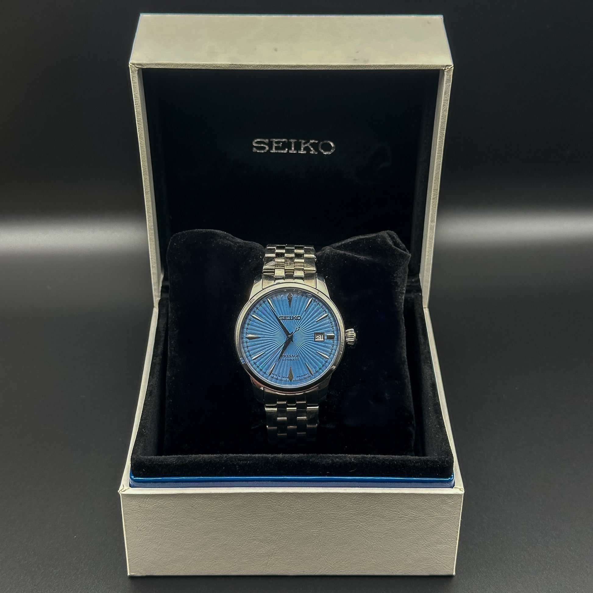 Seiko Presage Automatic Men’s Cocktail ‘Sky Diving’ Blue Dial Steel Watch