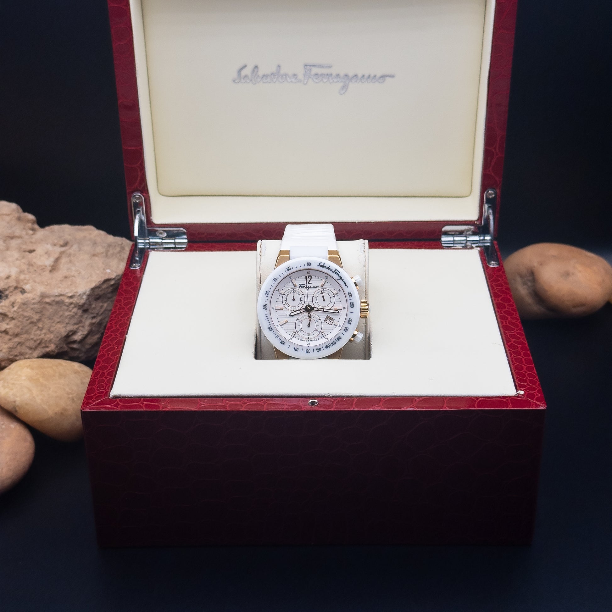Salvatore Ferragamo F-80 Ceramic White Rubber Strap