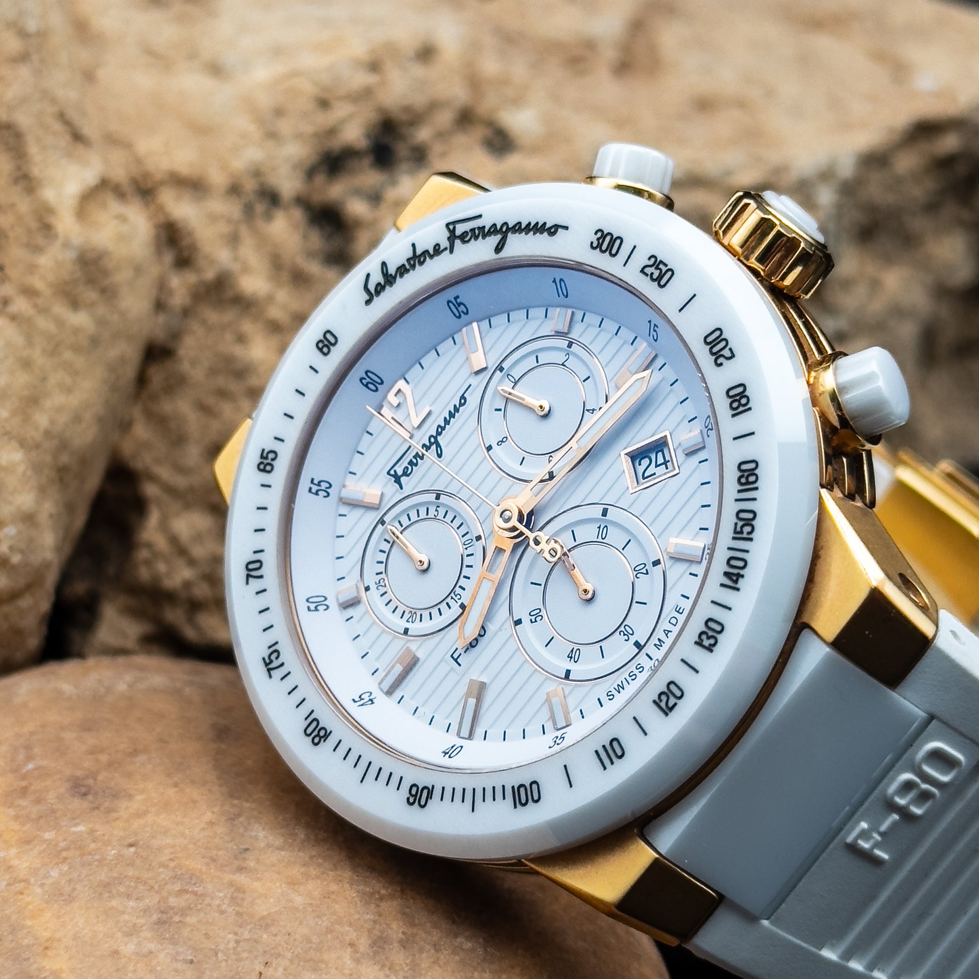 Salvatore Ferragamo F-80 Ceramic White Rubber Strap