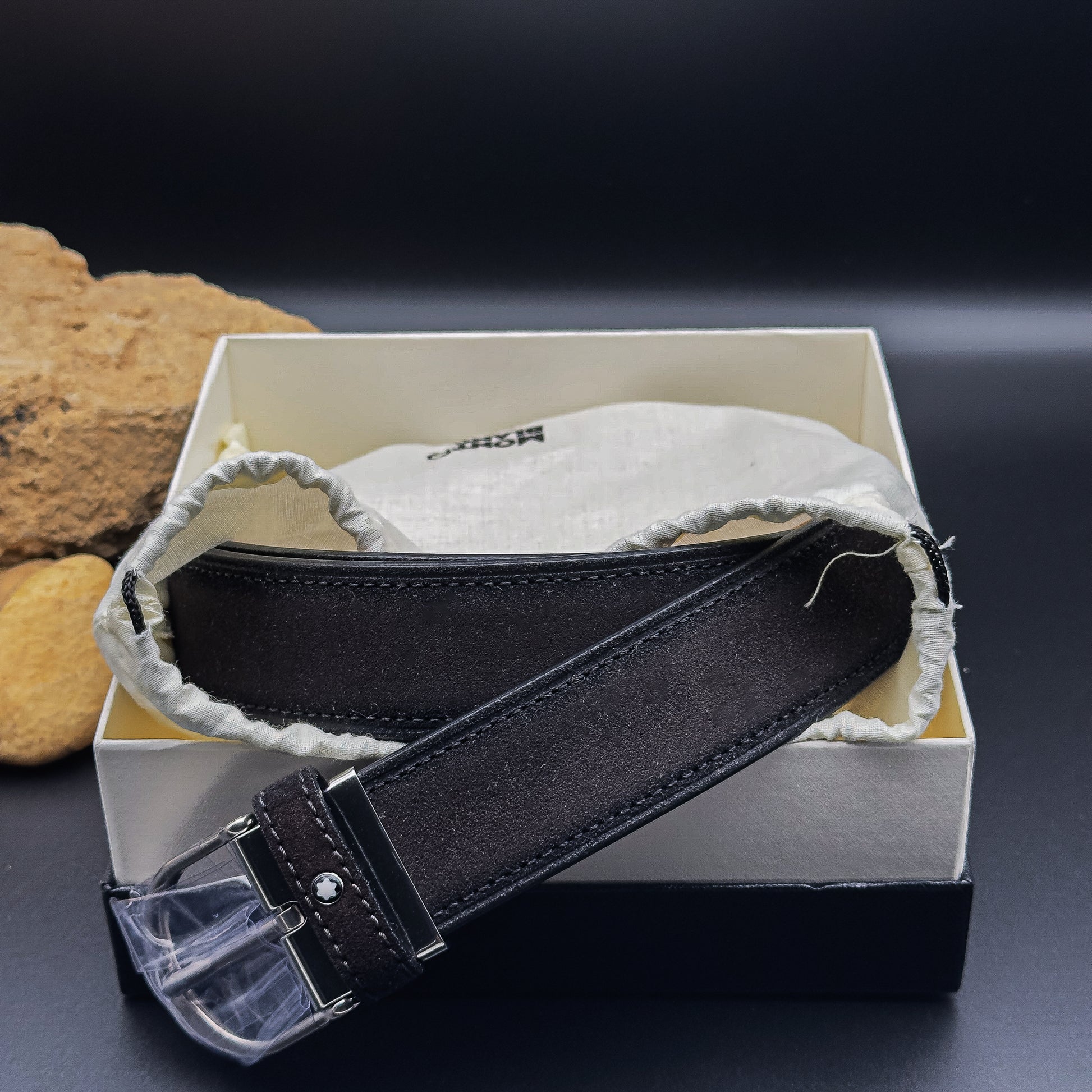Montblanc Horseshoe Antique Palladium-Coated Pin Buckle Sufmato Suede Brown Leather Belt