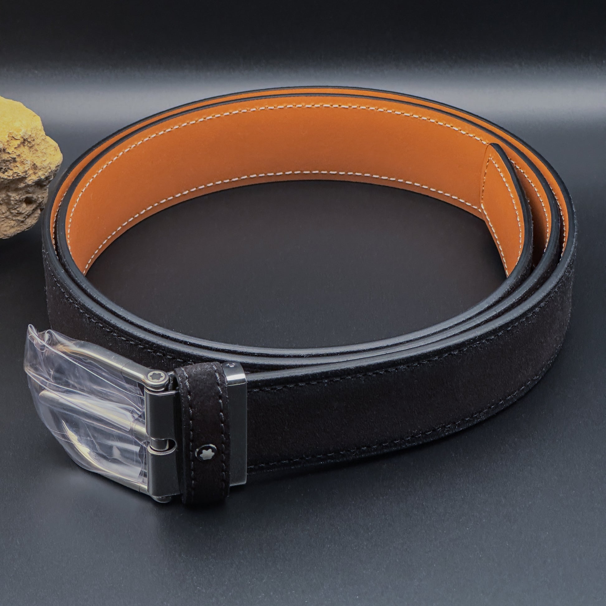 Montblanc Horseshoe Antique Palladium-Coated Pin Buckle Sufmato Suede Brown Leather Belt