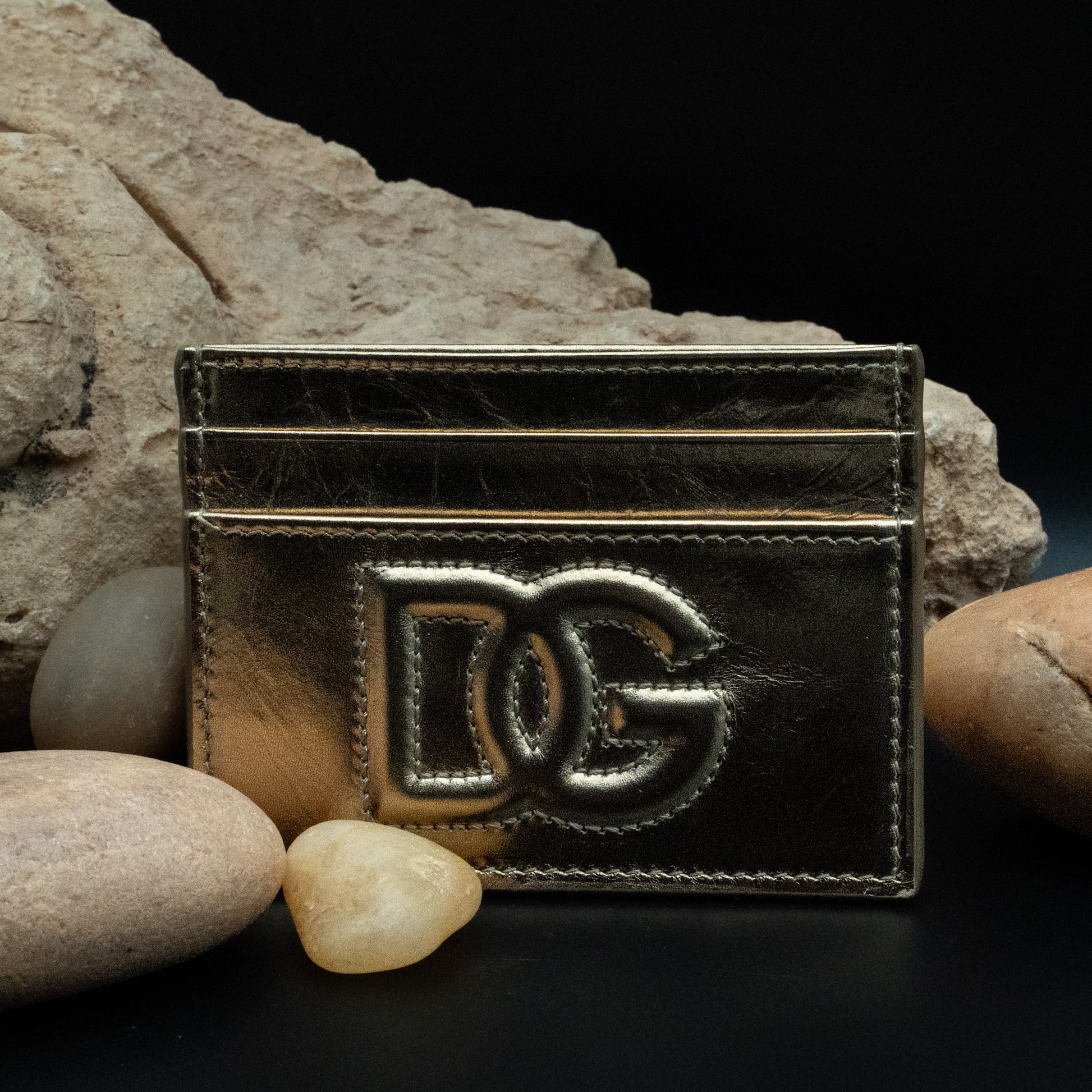 Dolce & Gabbana Metallic Gold Leather Cardholder with Embossed DG Logo