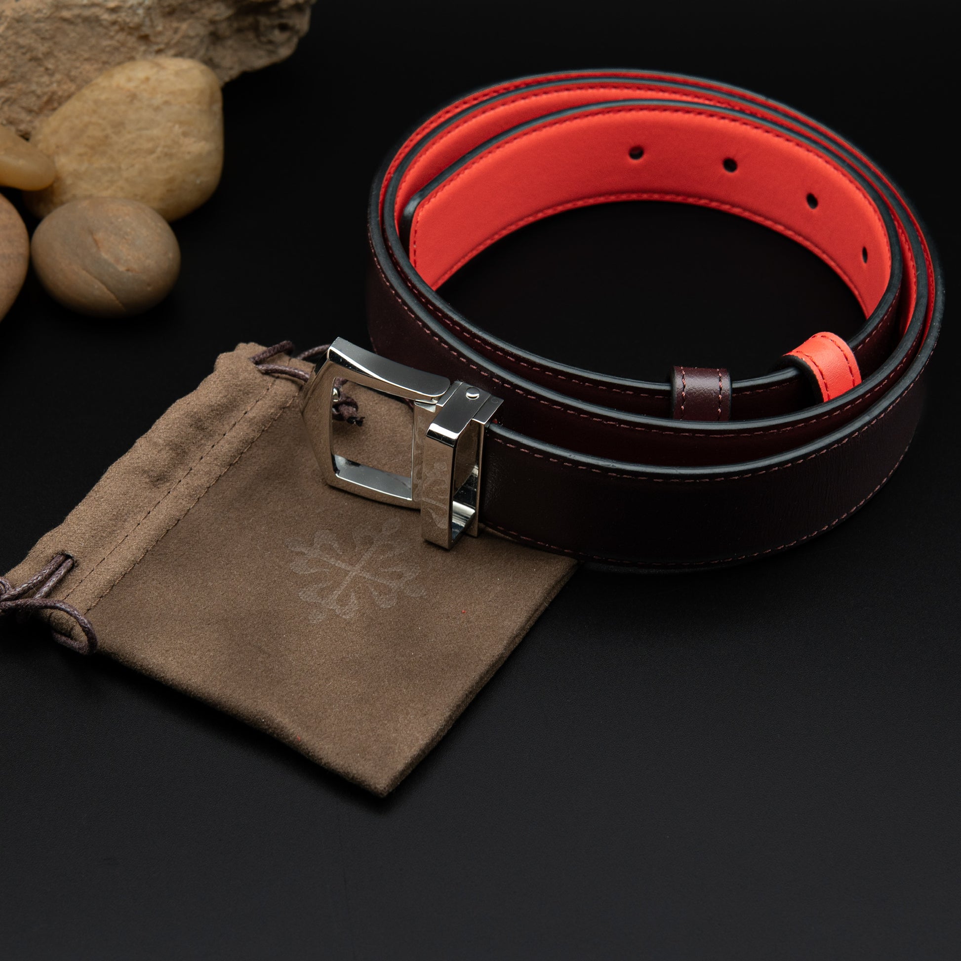 Patek Philippe Reversible Leather Belt in Burgundy and Red with Palladium Buckle