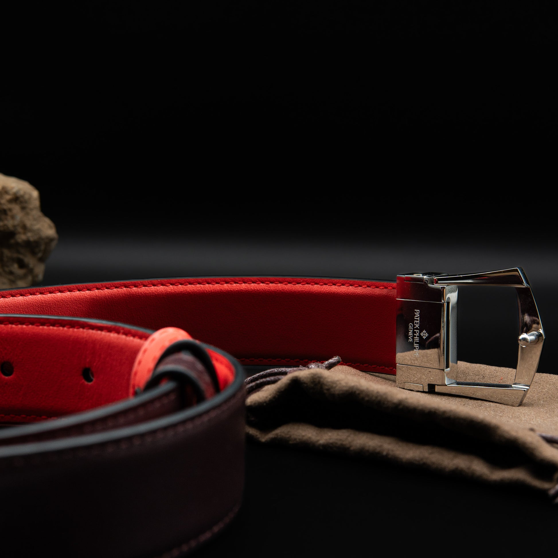 Patek Philippe Reversible Leather Belt in Burgundy and Red with Palladium Buckle