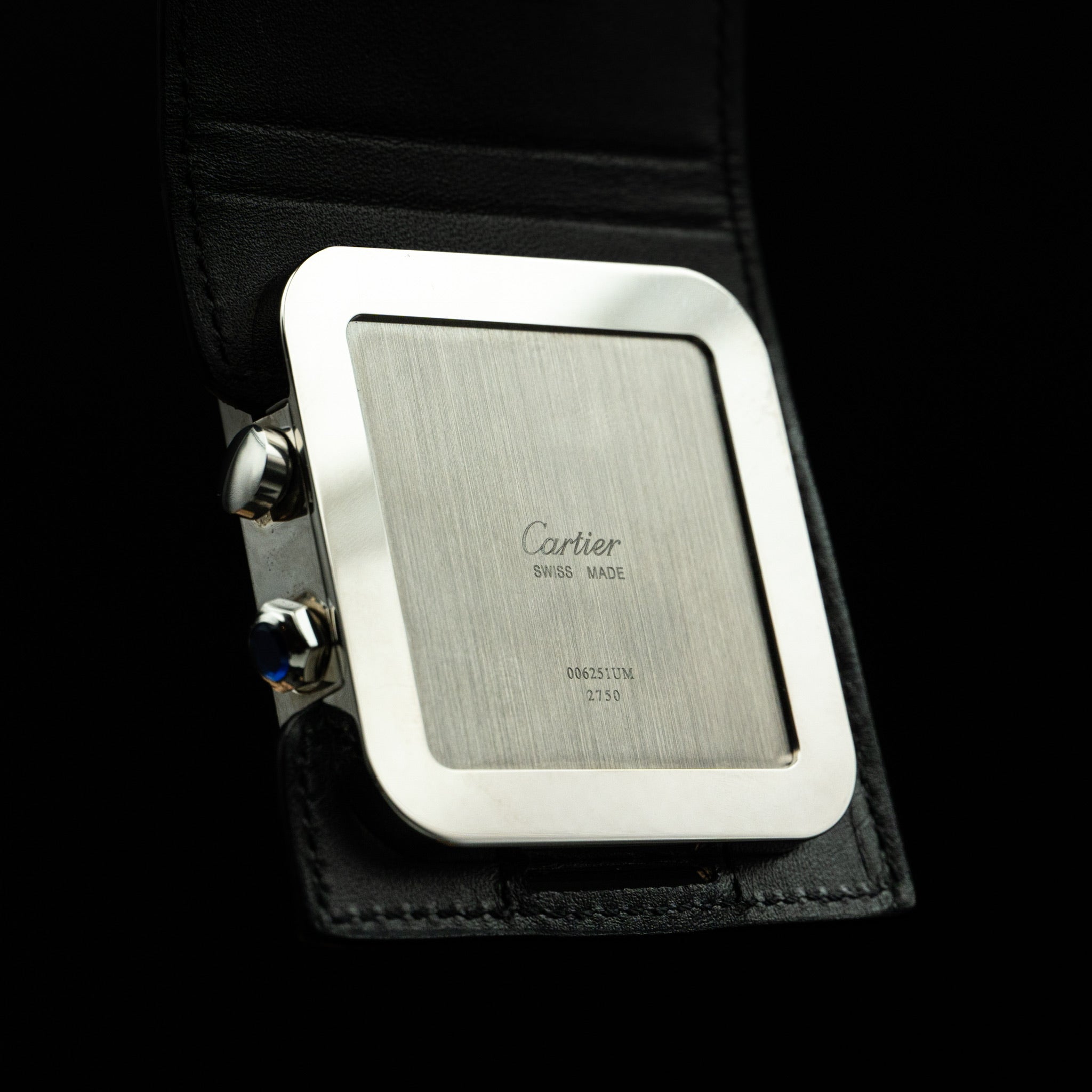 Cartier Santos de Cartier Desk Alarm Clock – Palladium-Finished Steel with Leather Base (Ref. W0100042)