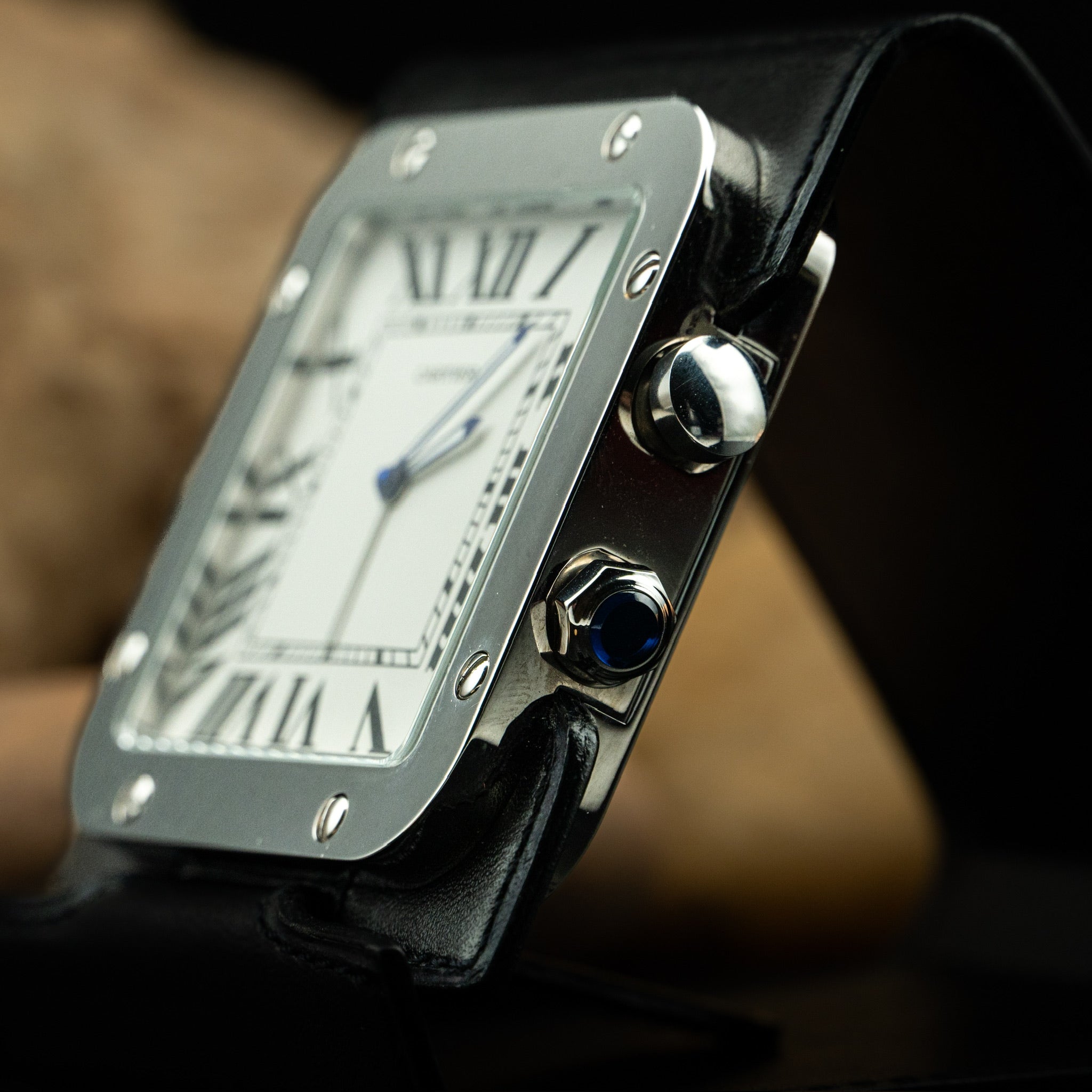 Cartier Santos de Cartier Desk Alarm Clock – Palladium-Finished Steel with Leather Base (Ref. W0100042)