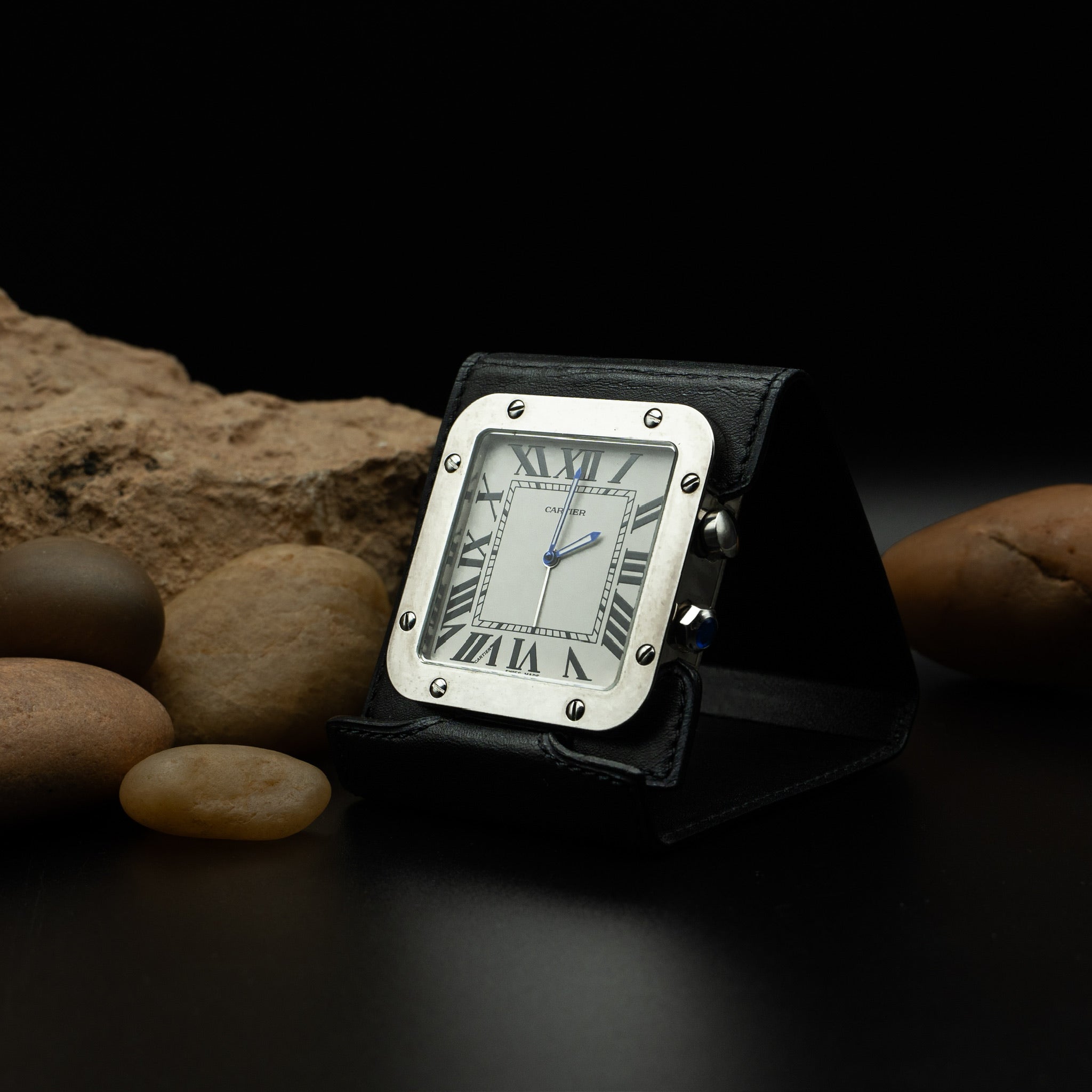 Cartier Santos de Cartier Desk Alarm Clock – Palladium-Finished Steel with Leather Base (Ref. W0100042)