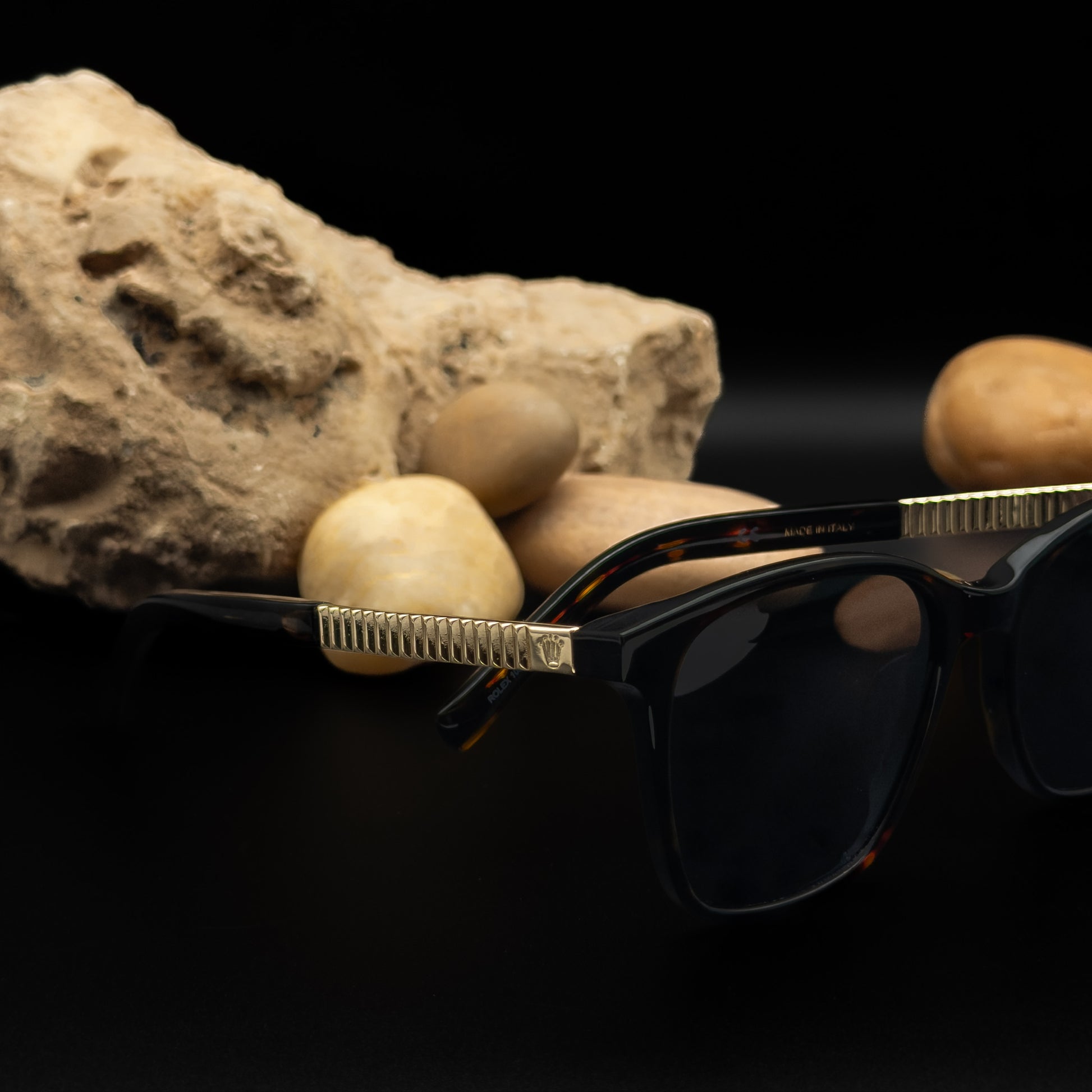 Rolex Sunglasses in Havana Black Acetate & Gold-Tone Fluted Temples - ANYOC Model Size 55□18 140
