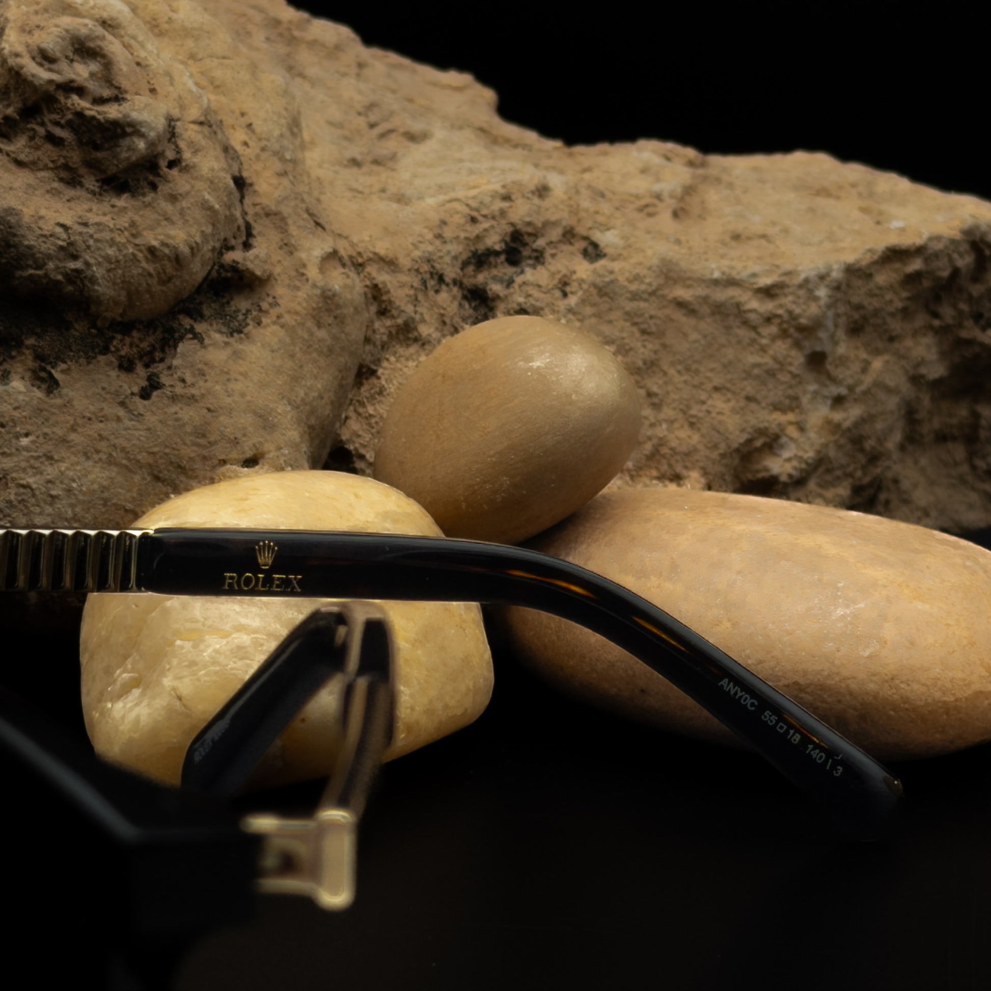 Rolex Sunglasses in Havana Black Acetate & Gold-Tone Fluted Temples - ANYOC Model Size 55□18 140