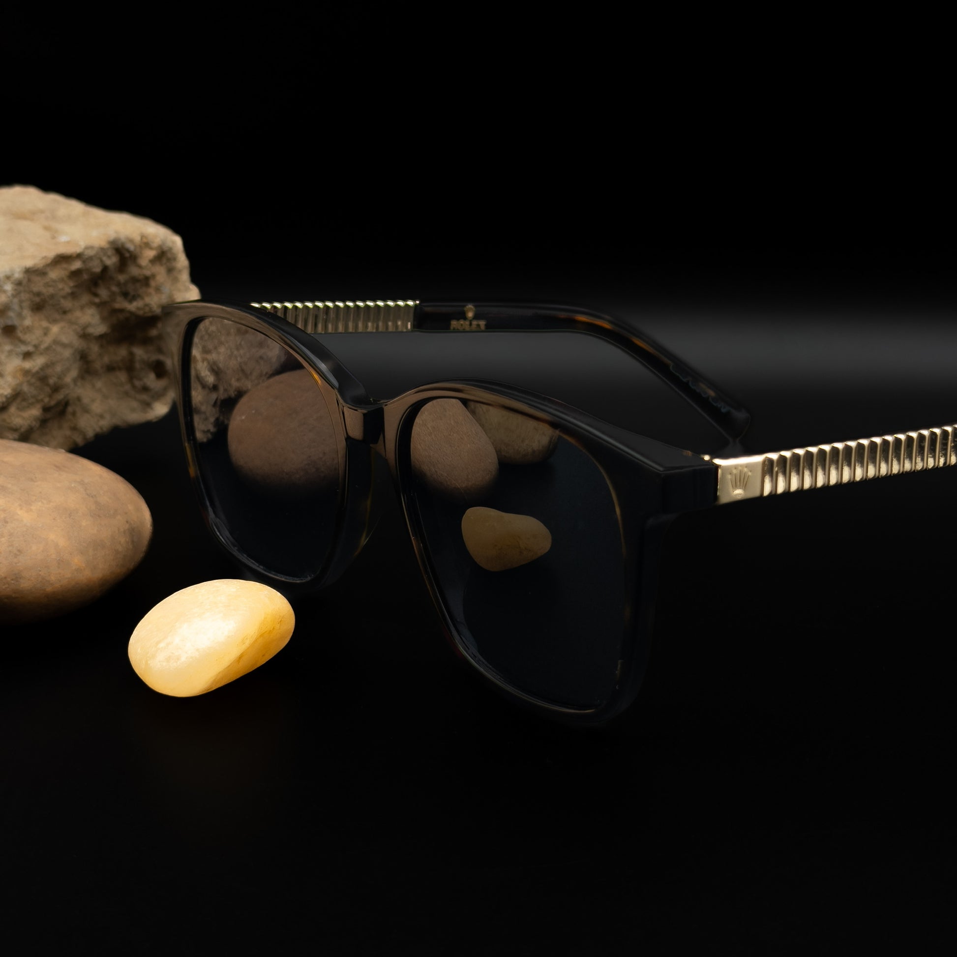 Rolex Sunglasses in Havana Black Acetate & Gold-Tone Fluted Temples - ANYOC Model Size 55□18 140