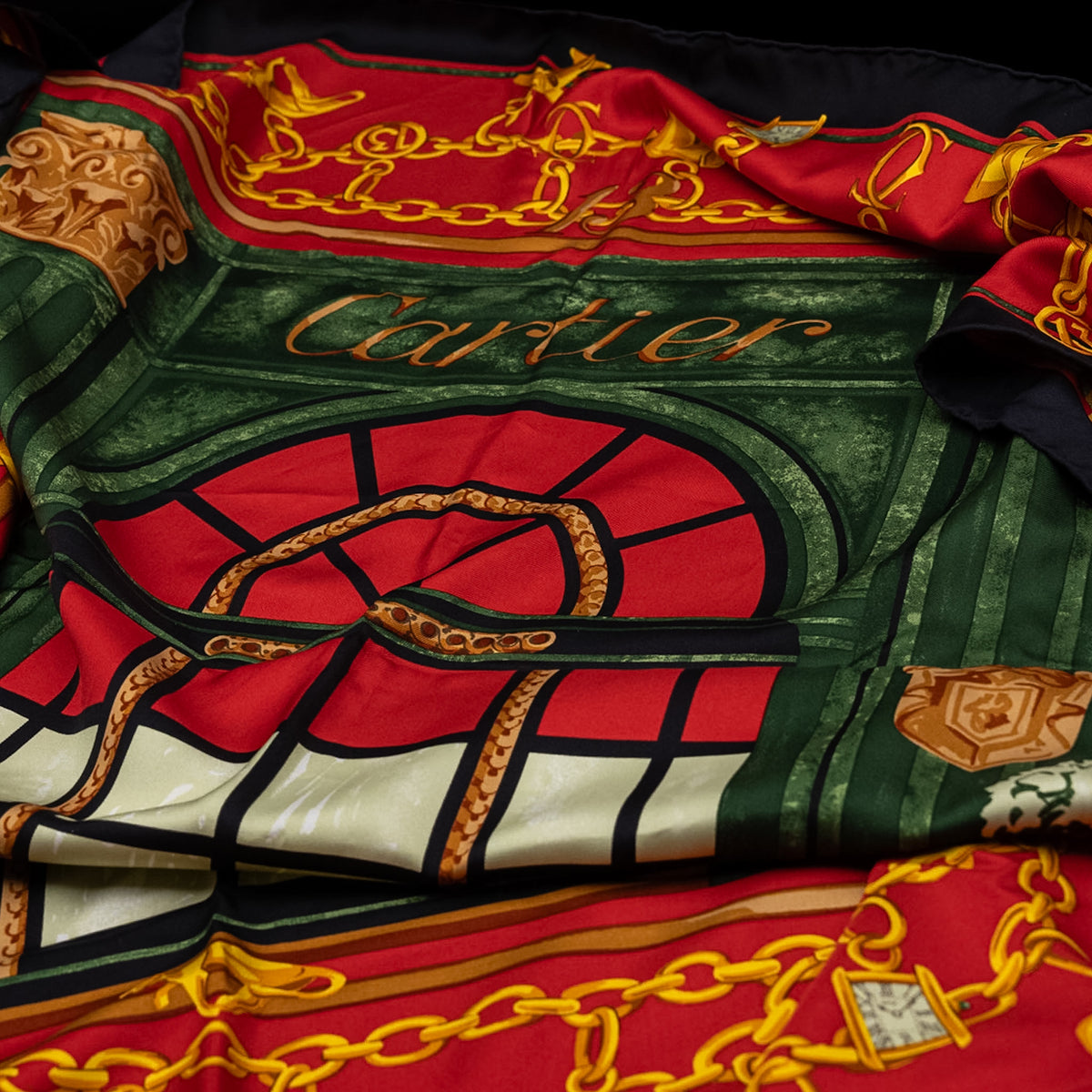 Cartier Must de Cartier Paris Boutique Window & Charm Motif Vintage Silk Twill Scarf from the 1980's