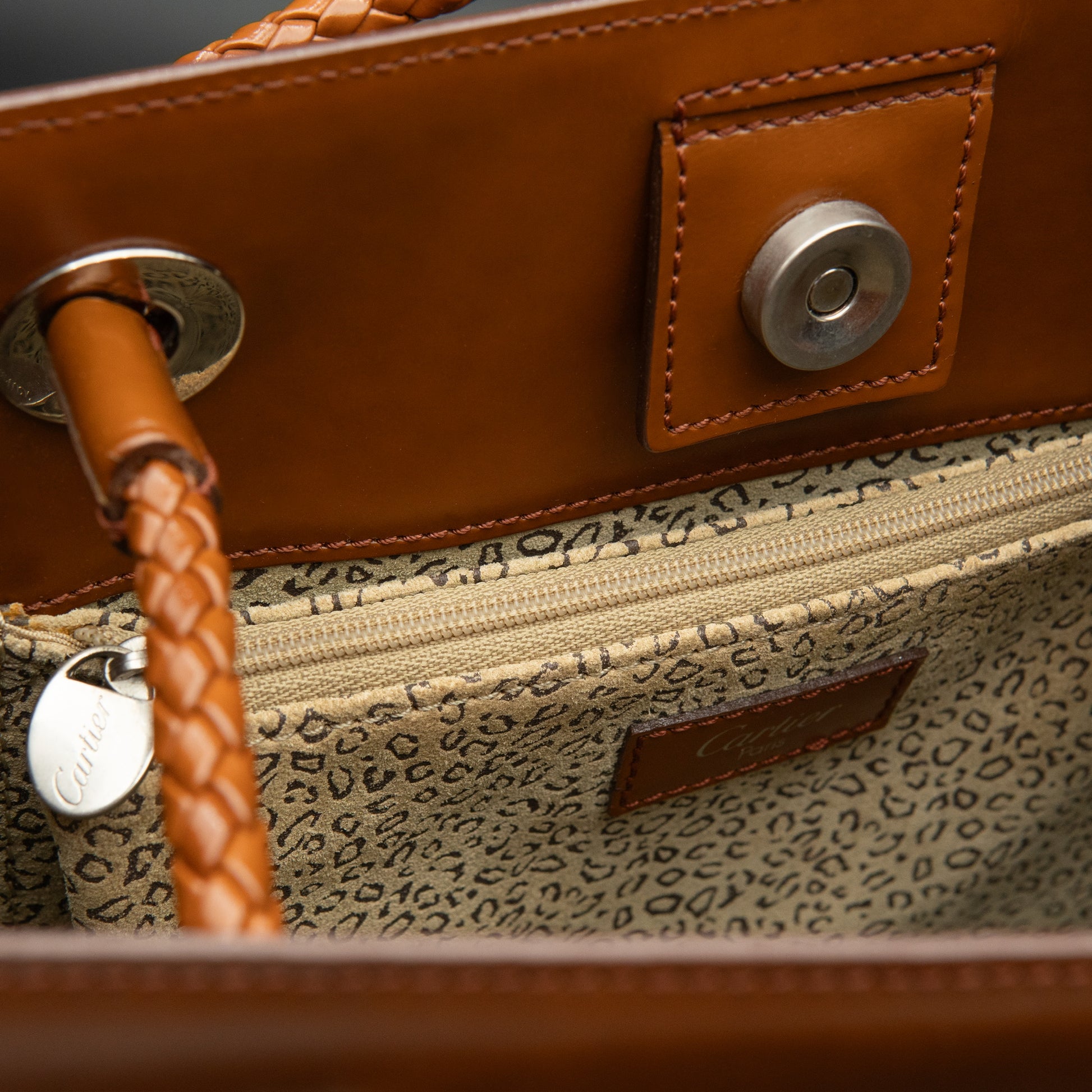Cartier Panthère Leather Braided Handle Tote in Camel Brown Calf Leather from the 2000s