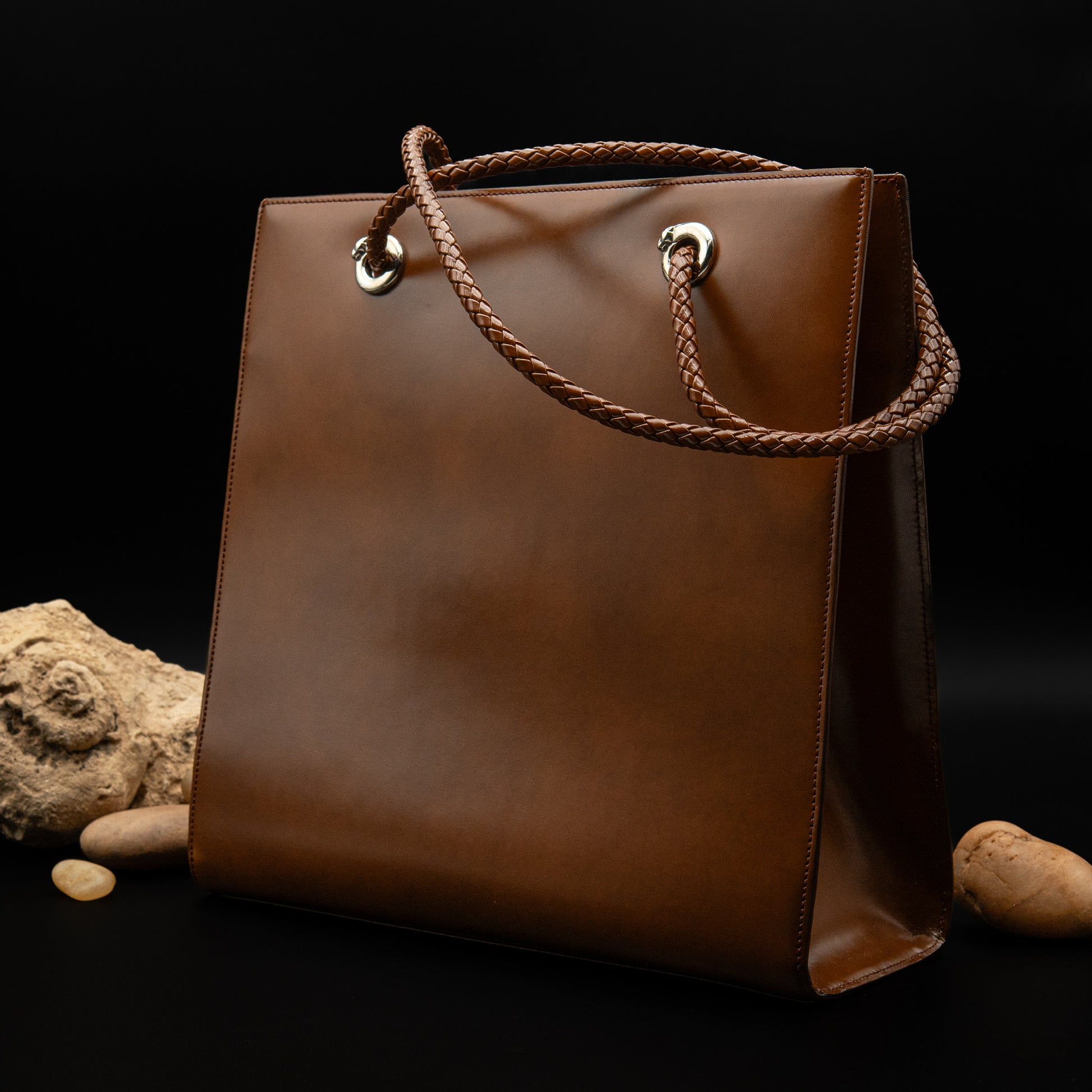 Cartier Panthère Leather Braided Handle Tote in Camel Brown Calf Leather from the 2000s