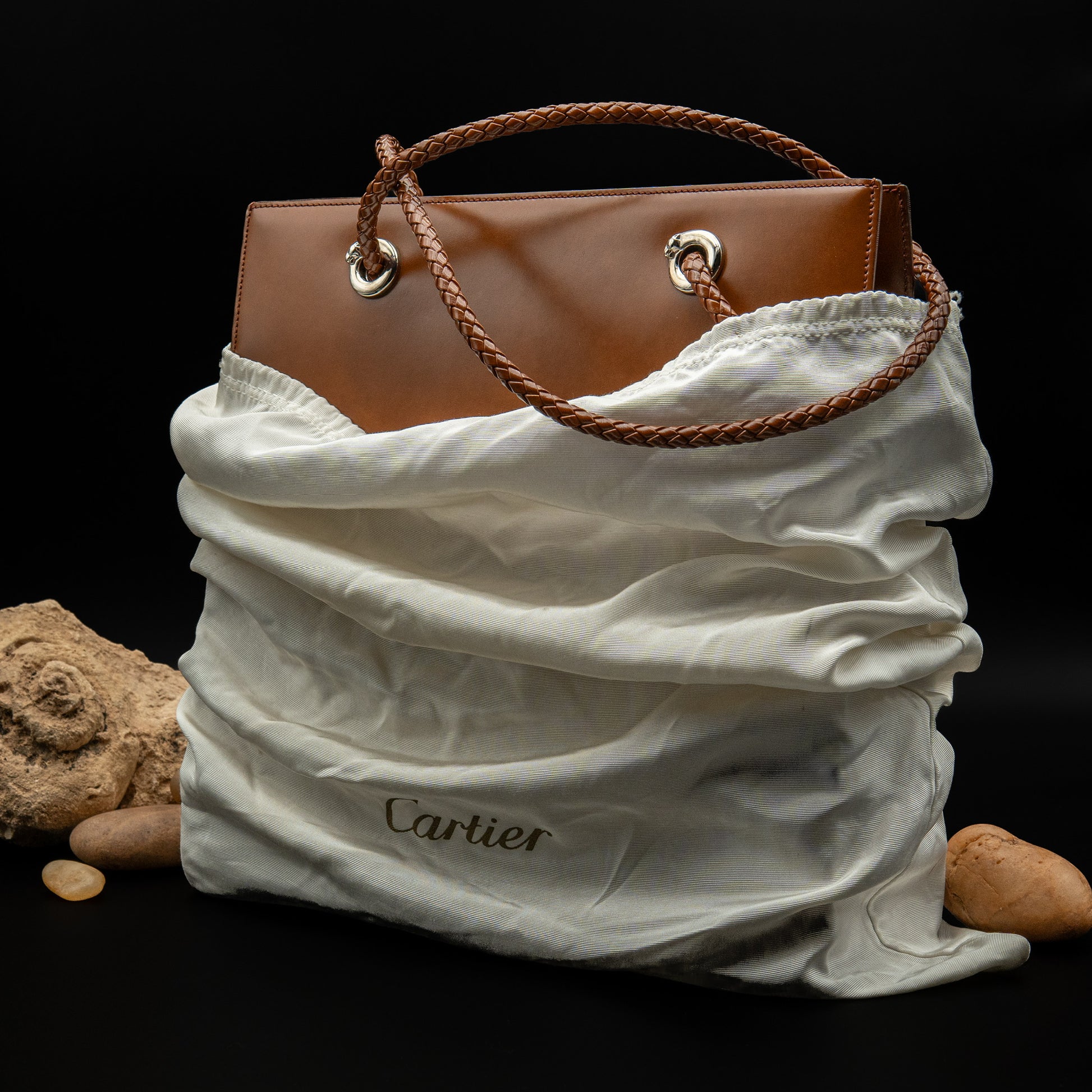 Cartier Panthère Leather Braided Handle Tote in Camel Brown Calf Leather from the 2000s