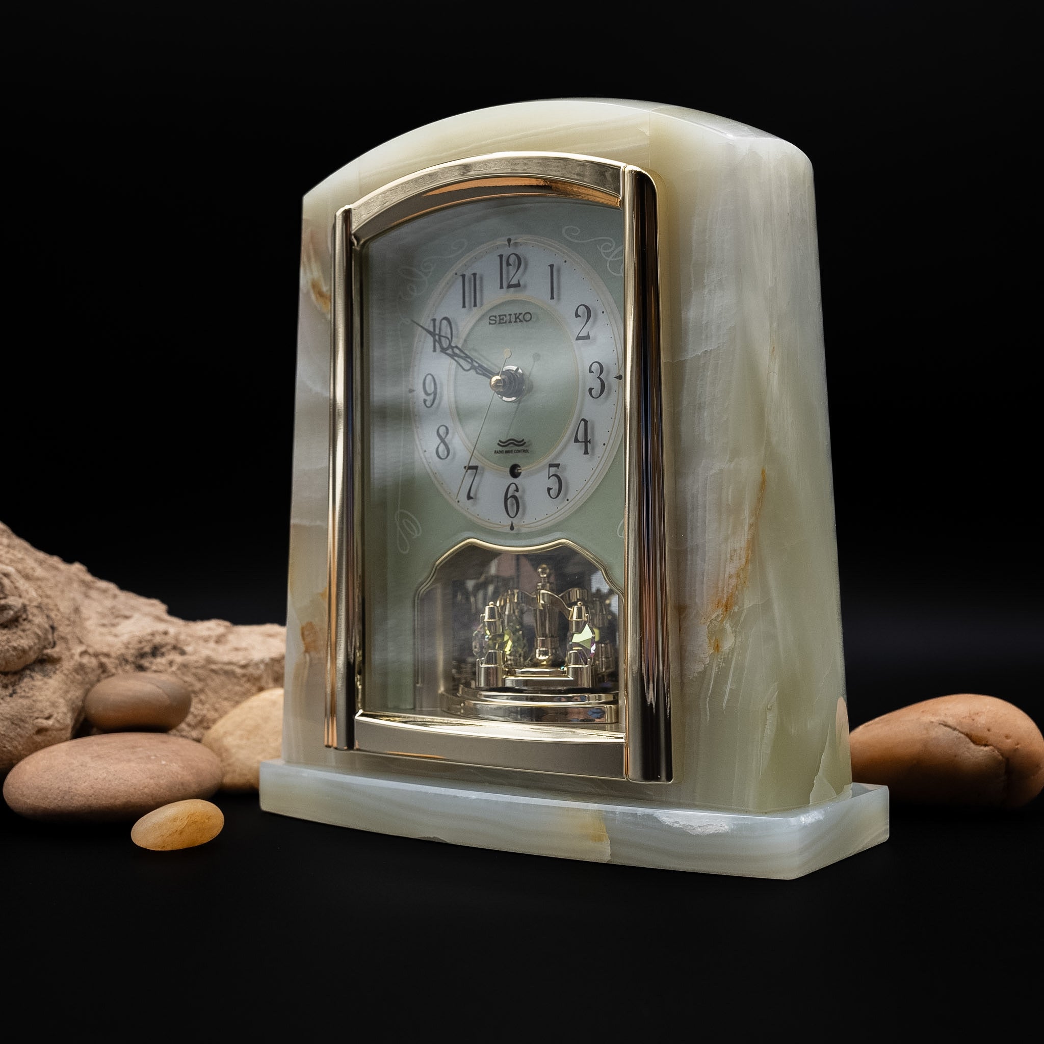Seiko Radio Wave Control Desk Clock with Rotating Crystal Pendulum (BY223M)