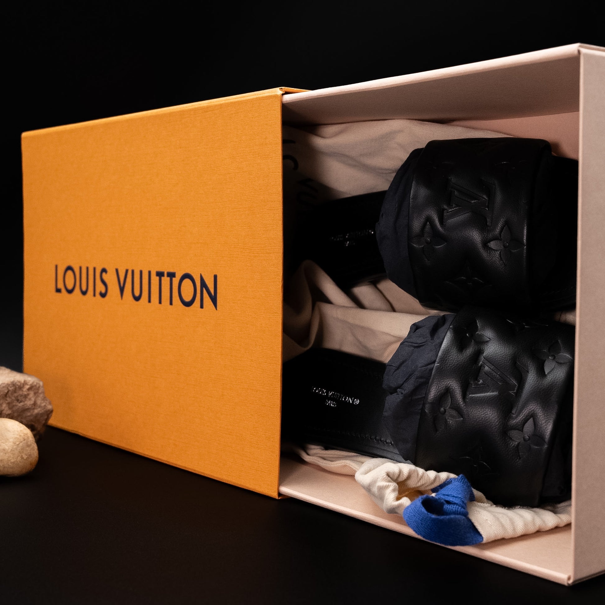 Louis Vuitton Revival Flat Mule in Black Monogram Embossed Lambskin Leather (Size 37.5)