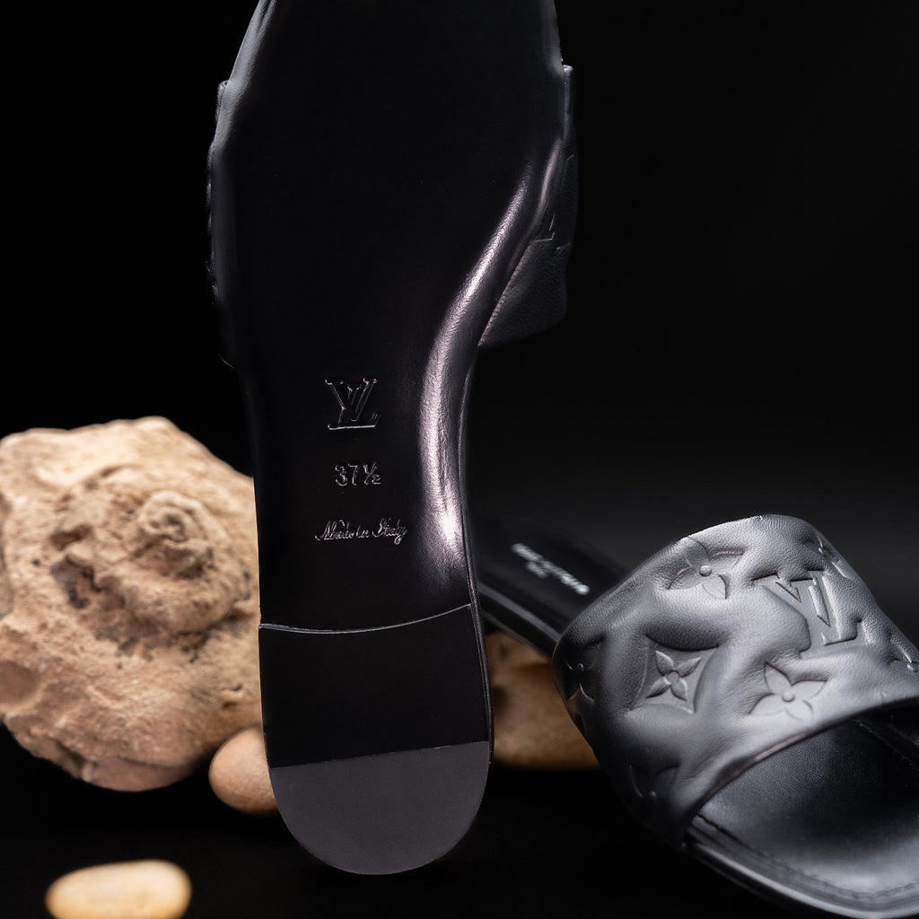 Louis Vuitton Revival Flat Mule in Black Monogram Embossed Lambskin Leather (Size 37.5)