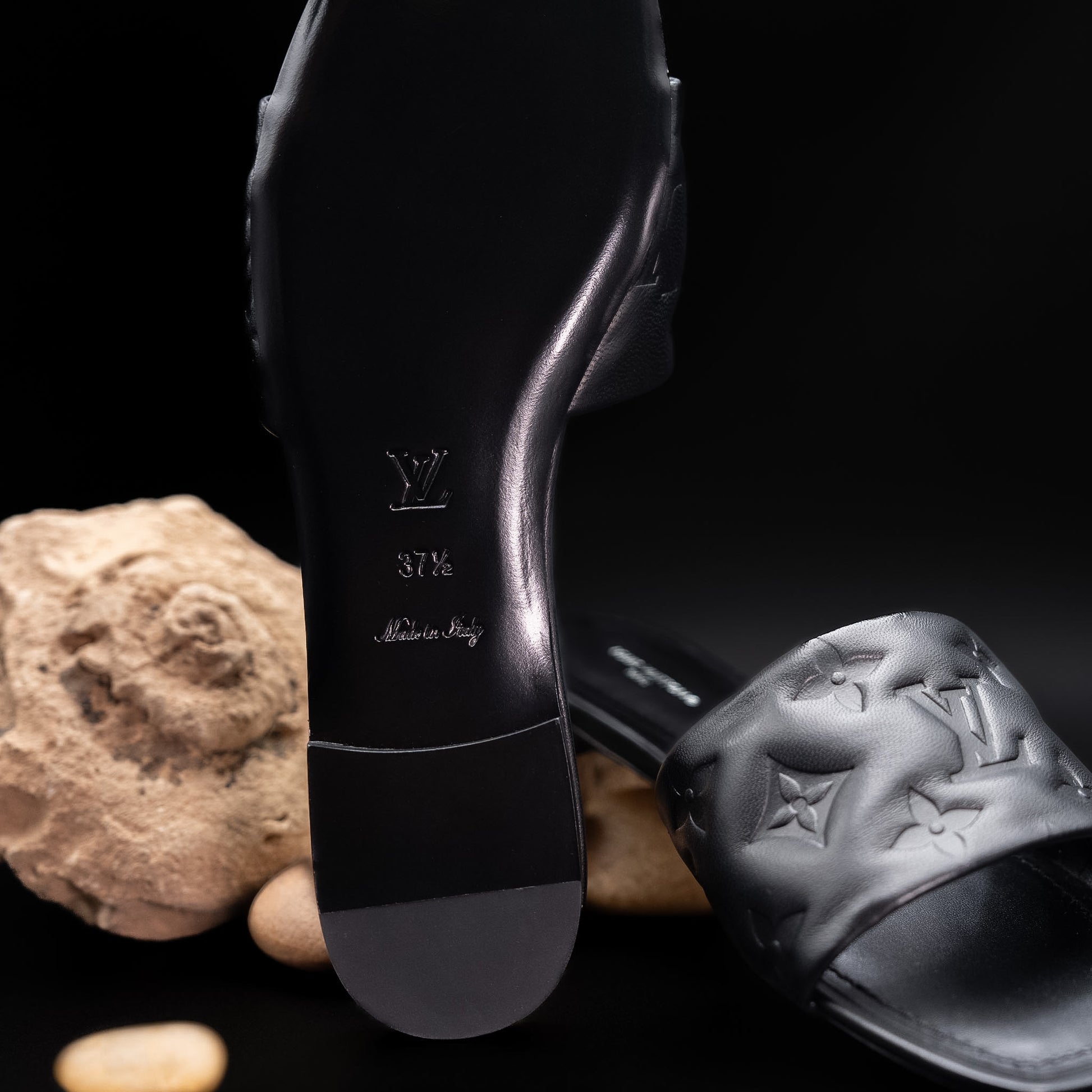 Louis Vuitton Revival Flat Mule in Black Monogram Embossed Lambskin Leather (Size 37.5)