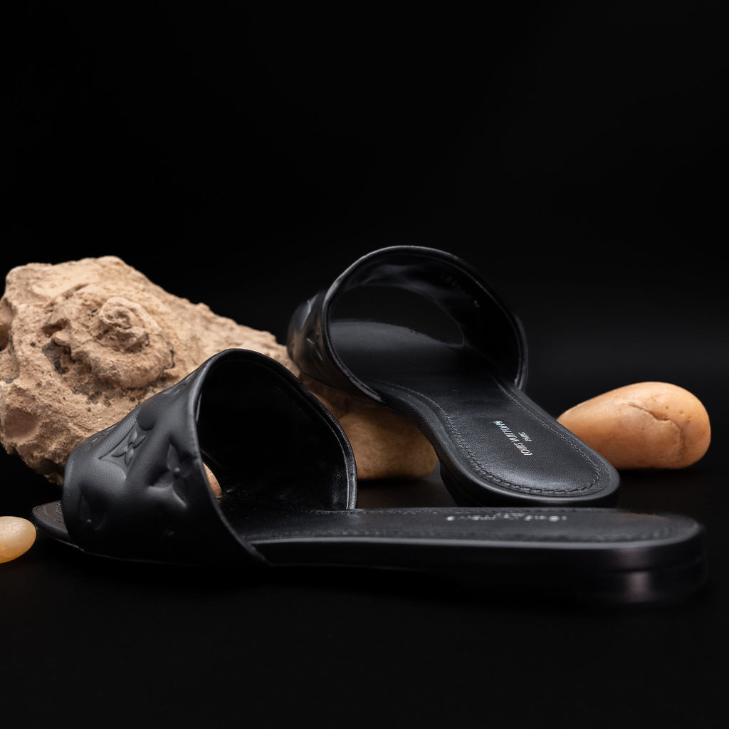 Louis Vuitton Revival Flat Mule in Black Monogram Embossed Lambskin Leather (Size 37.5)