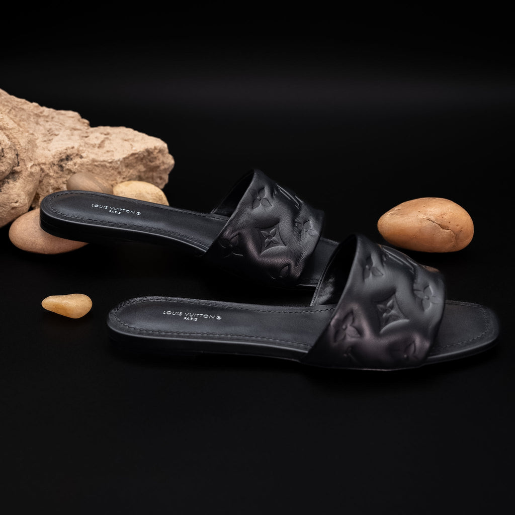Louis Vuitton Revival Flat Mule in Black Monogram Embossed Lambskin Leather (Size 37.5)