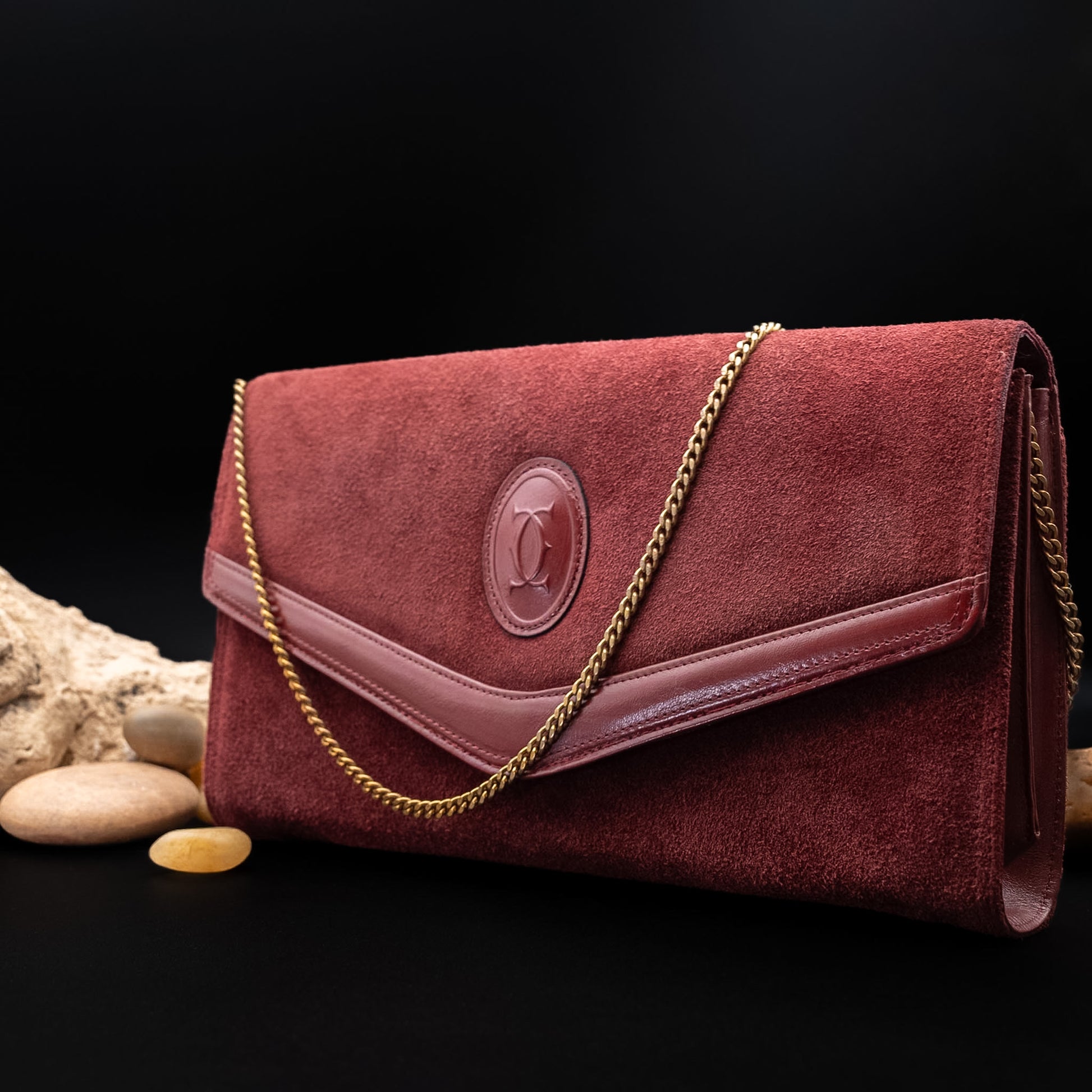 Cartier Les Must de Cartier Bordeaux Suede Clutch from the 1970's